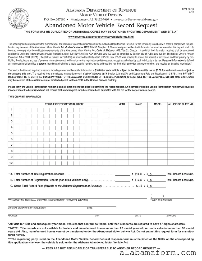 Blank Alabama Abandoned Vehicle PDF Template