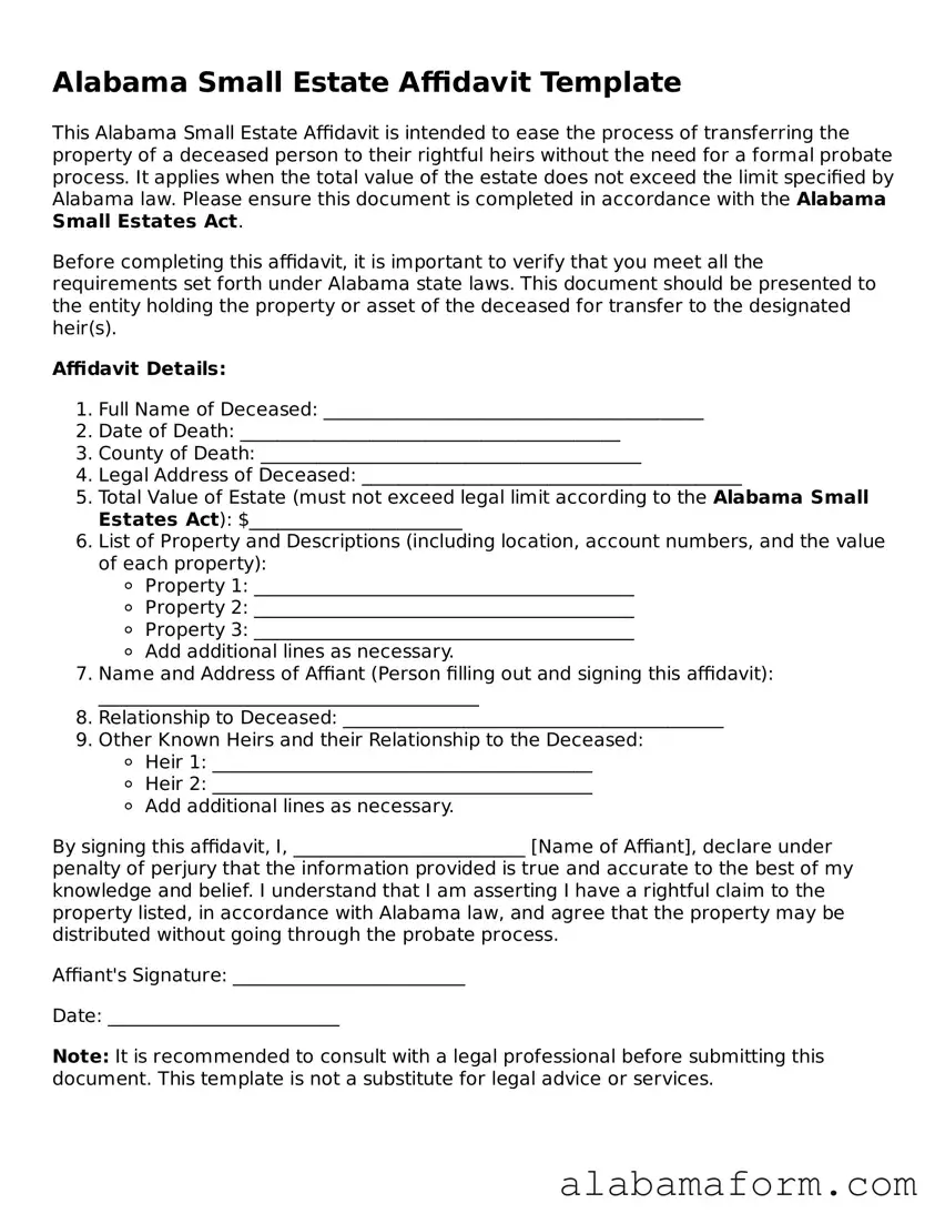 Fillable Alabama Small Estate Affidavit Template