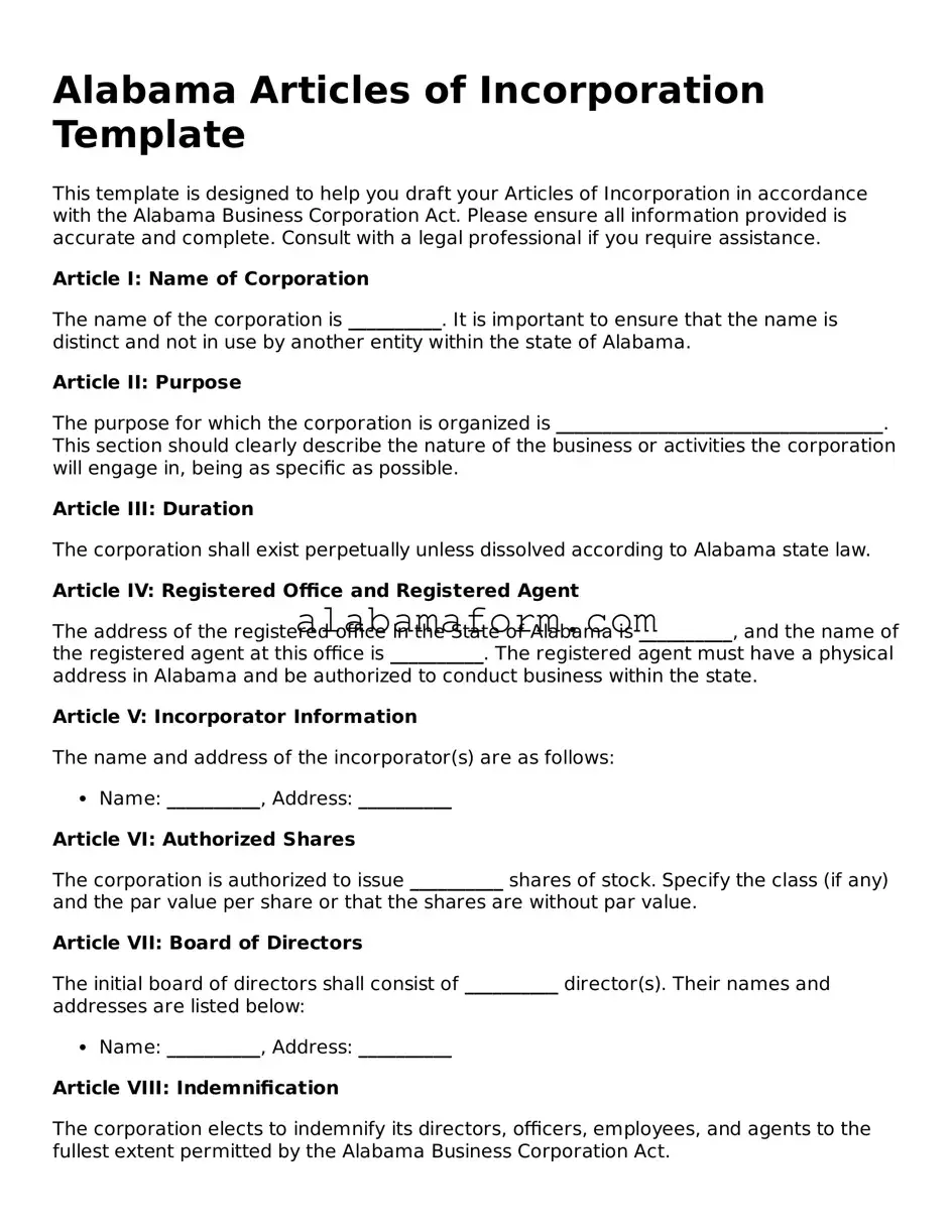 Fillable Alabama Articles of Incorporation Template