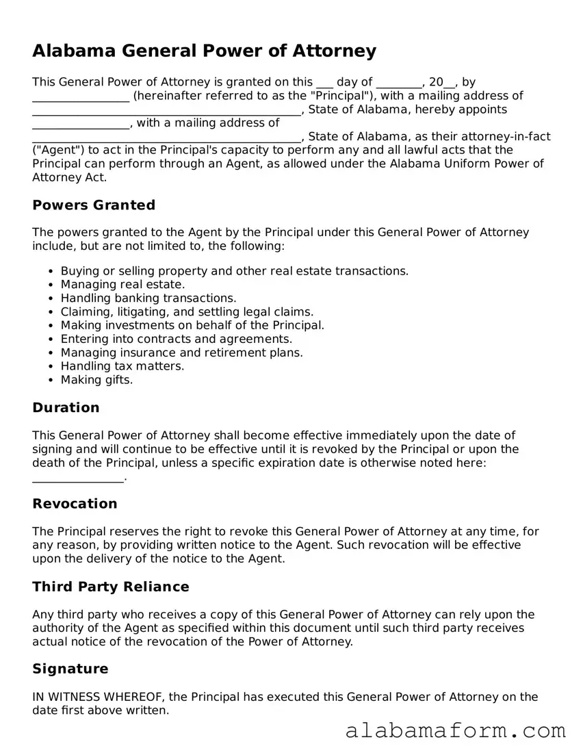 Fillable Alabama General Power of Attorney Template
