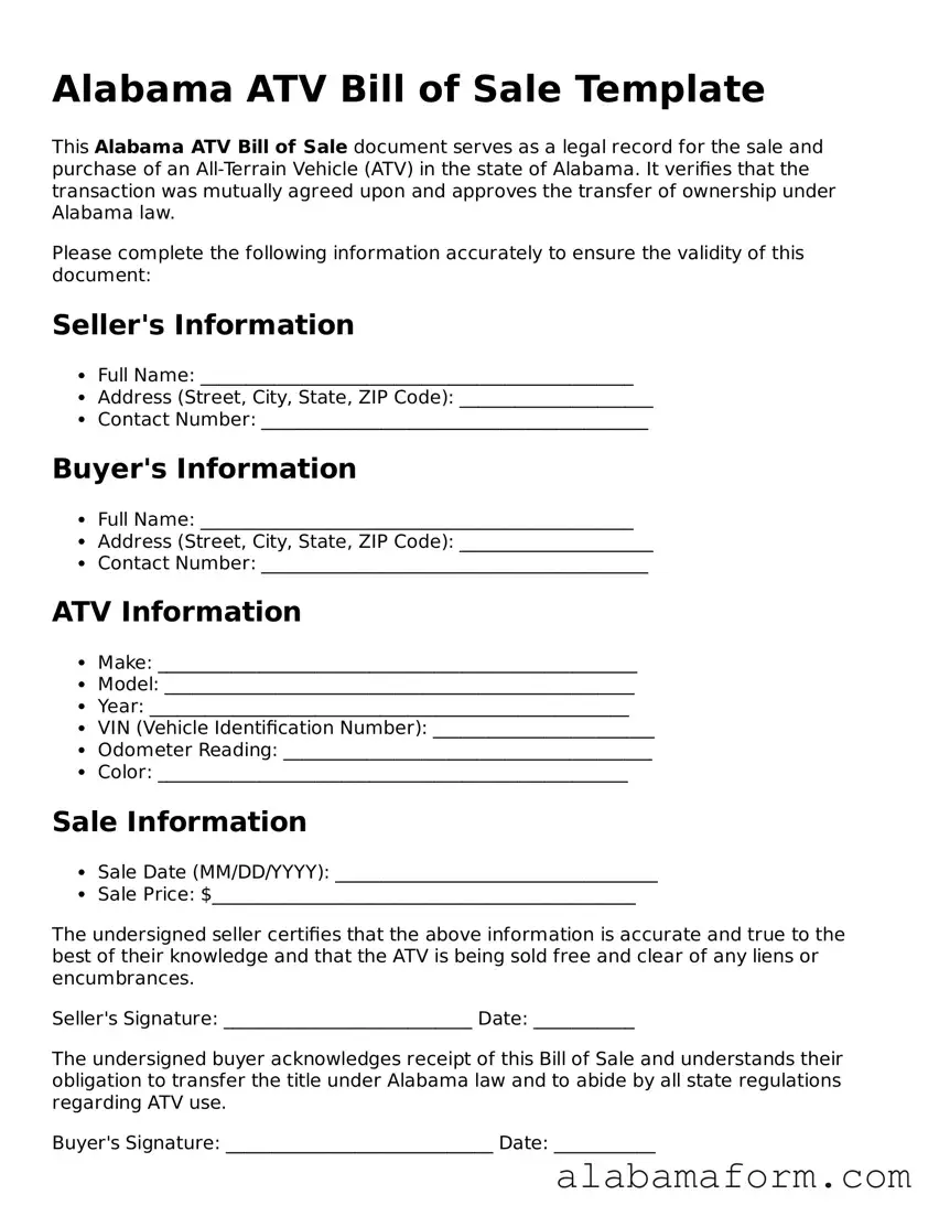 Fillable Alabama ATV Bill of Sale Template