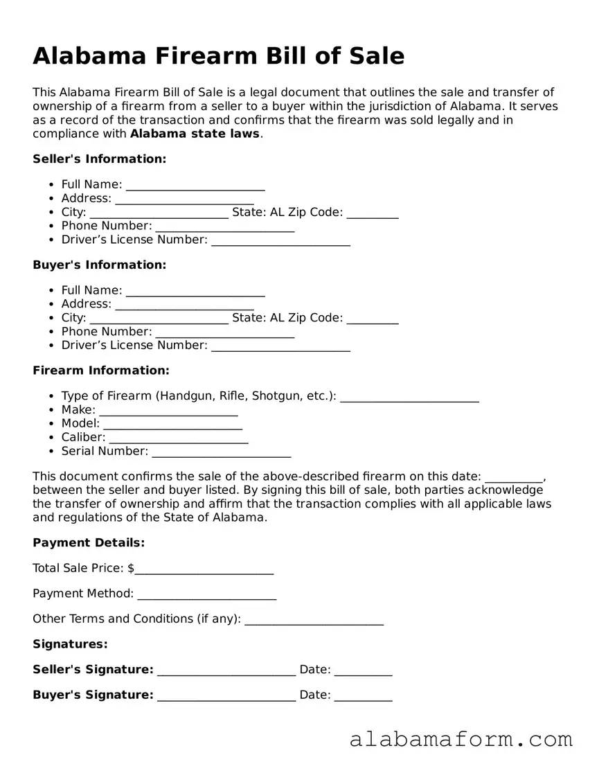 Fillable Alabama Firearm Bill of Sale Template