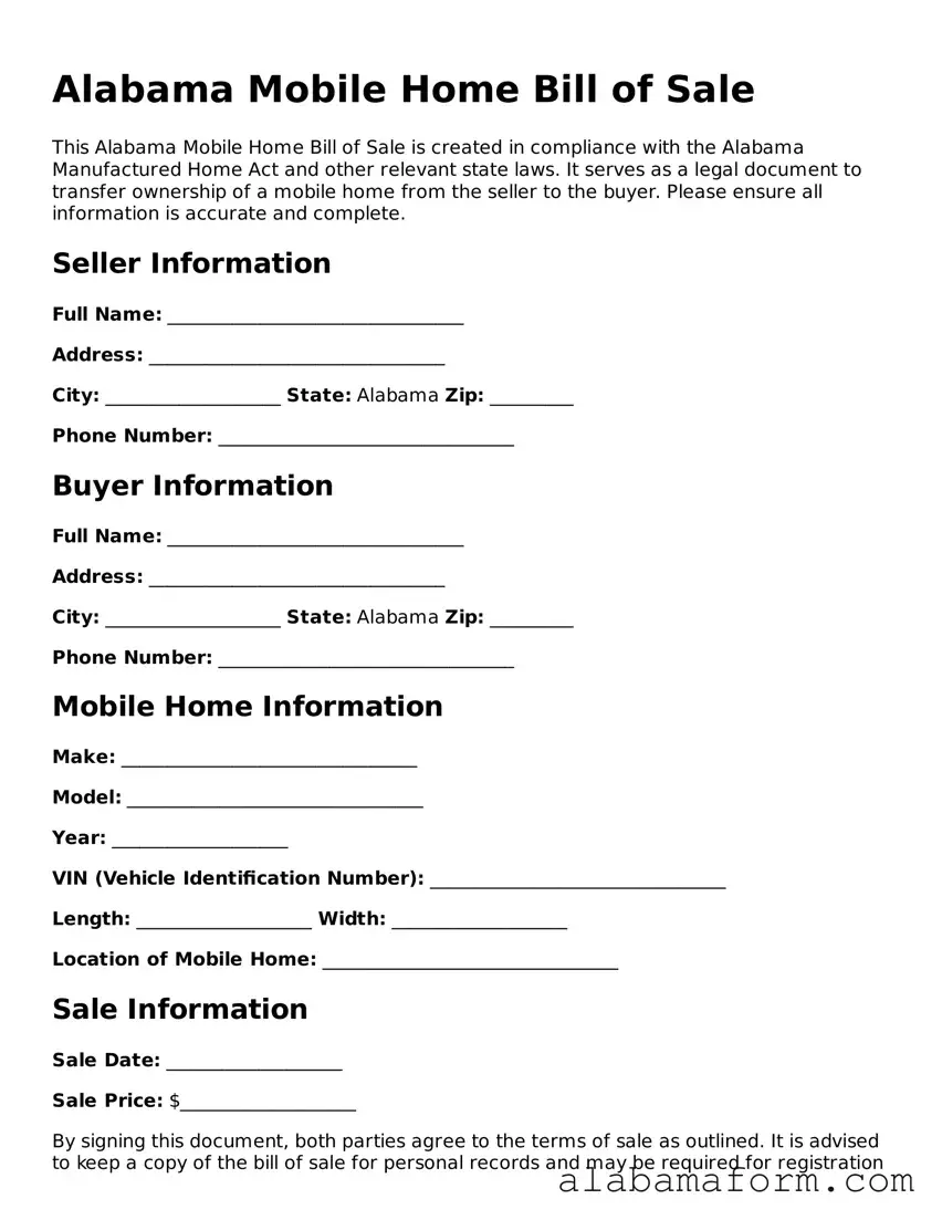 Fillable Alabama Mobile Home Bill of Sale Template