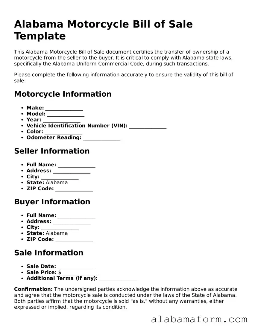 Fillable Alabama Motorcycle Bill of Sale Template