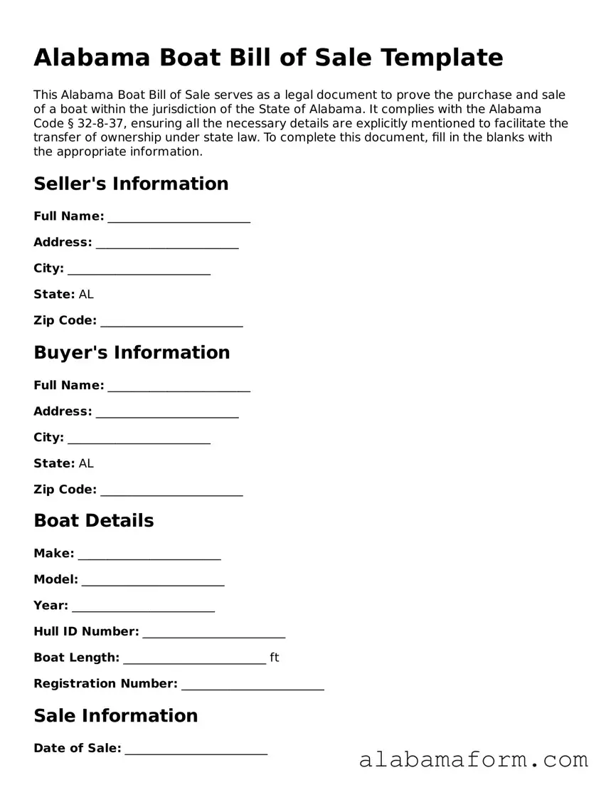 Fillable Alabama Boat Bill of Sale Template