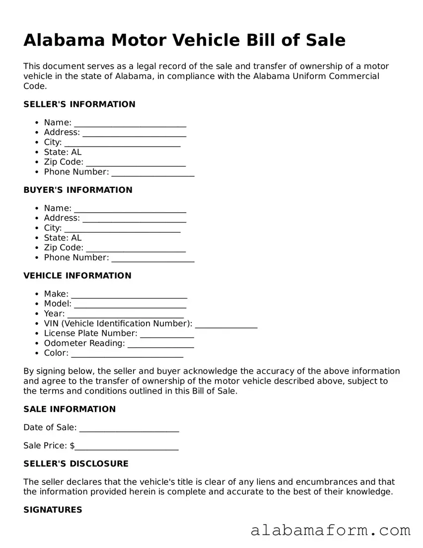 Fillable Alabama Motor Vehicle Bill of Sale Template