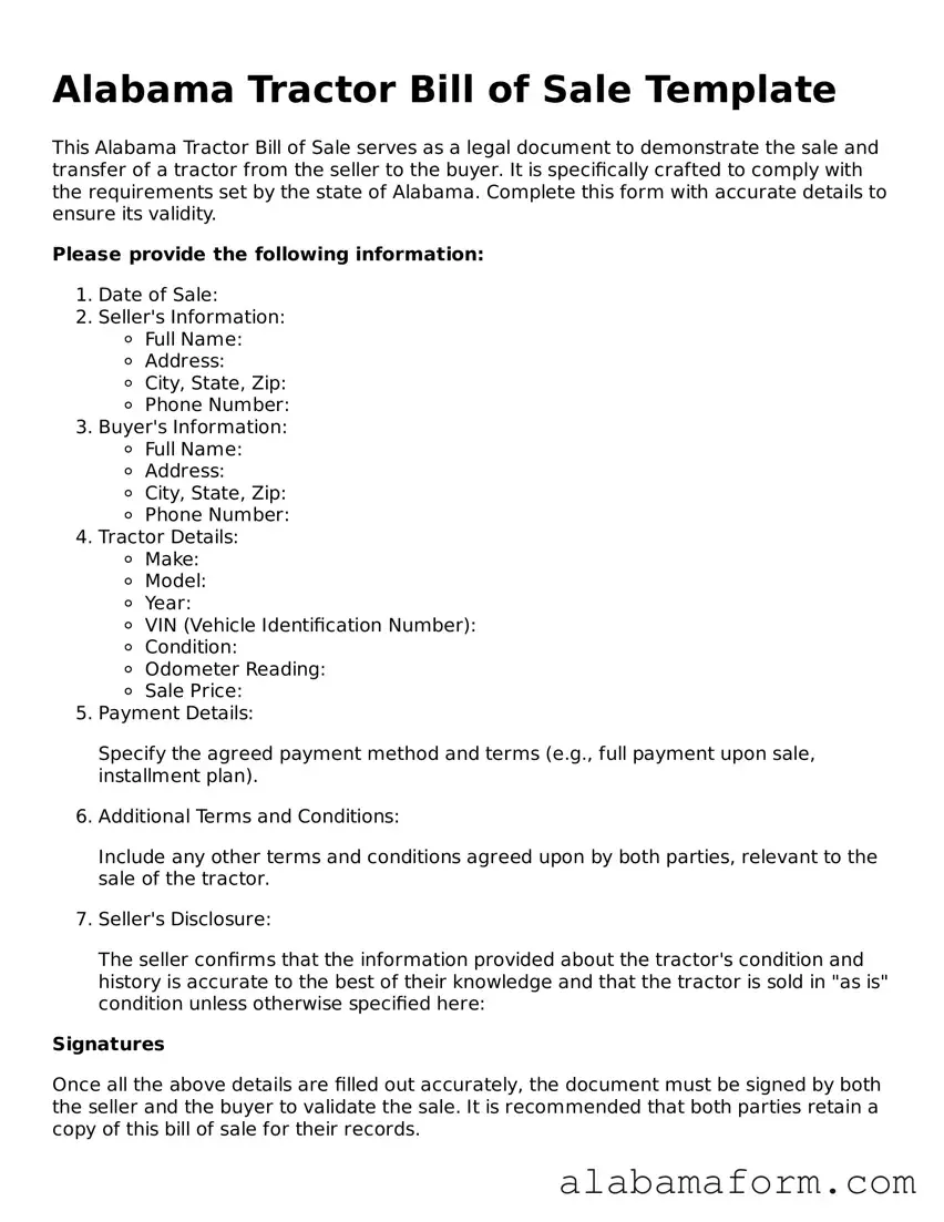 Fillable Alabama Tractor Bill of Sale Template