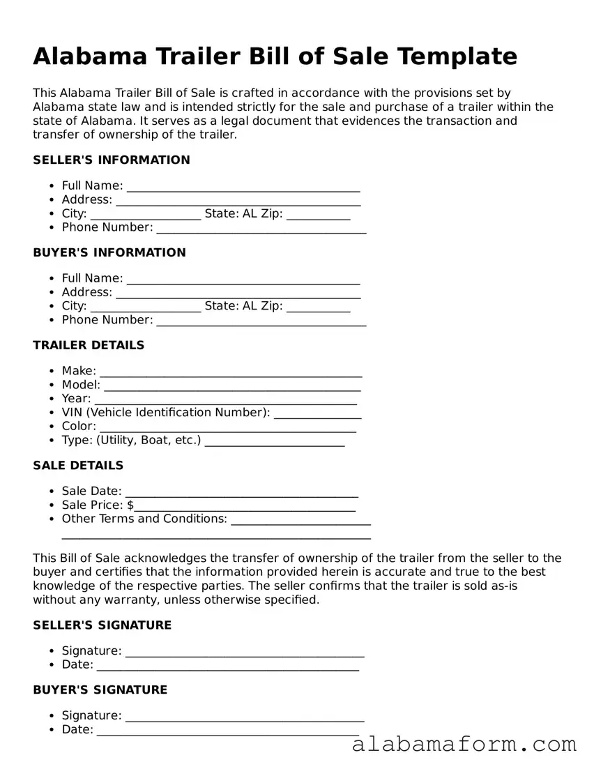 Fillable Alabama Trailer Bill of Sale Template