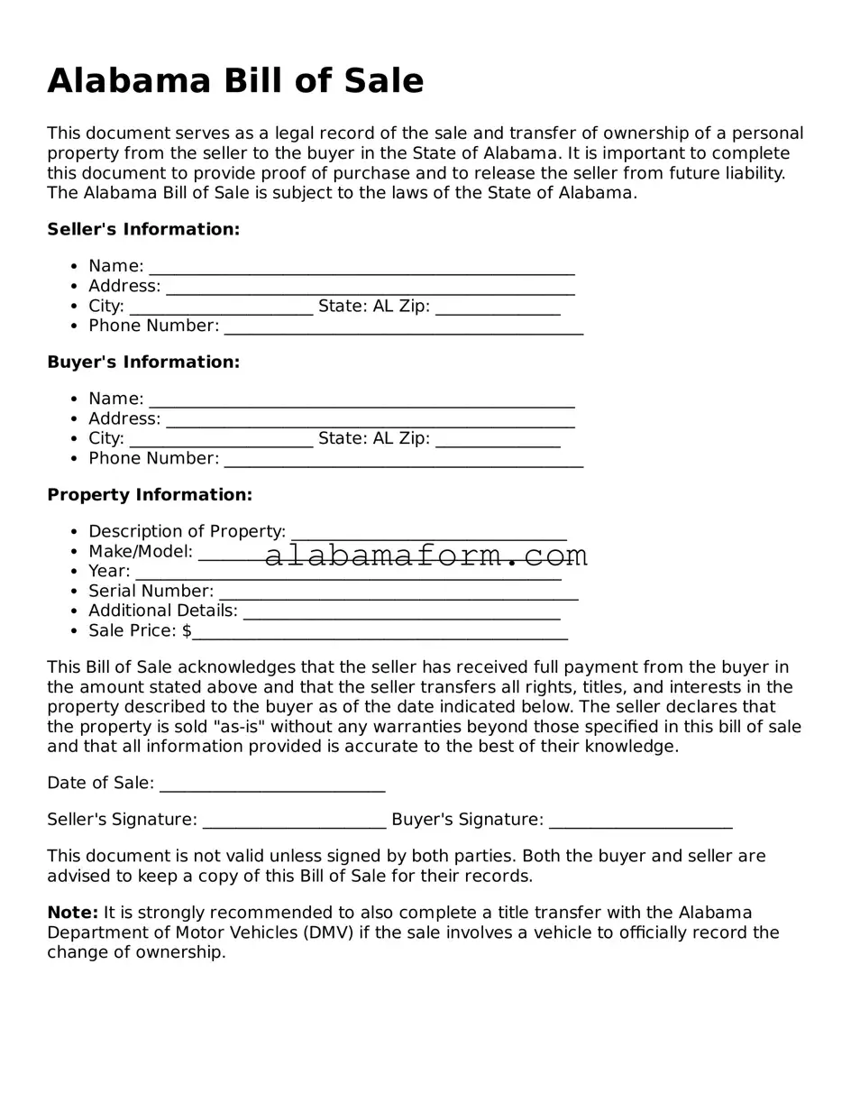 Fillable Alabama Bill of Sale Template