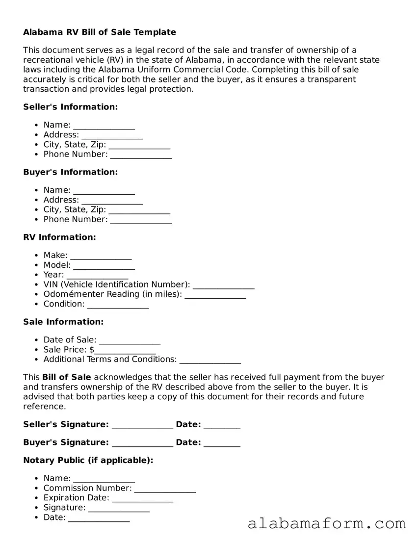 Fillable Alabama RV Bill of Sale Template
