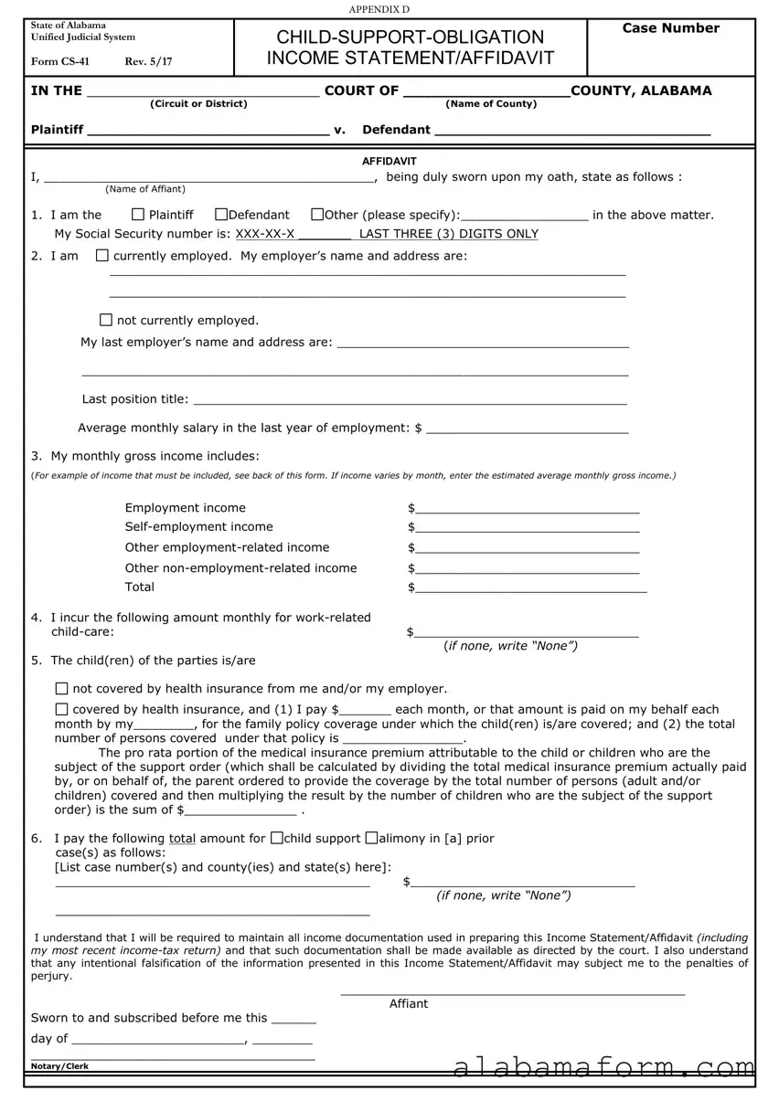 Blank Alabama Child Support Income PDF Template