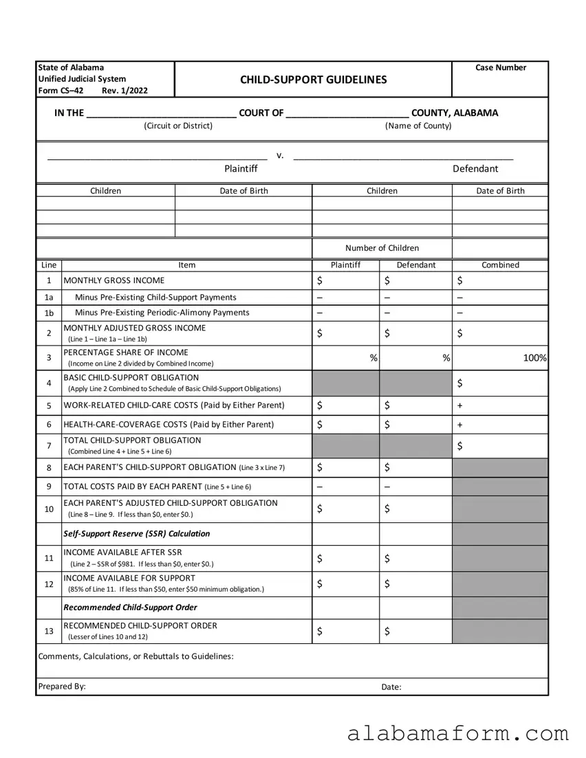 Blank Alabama Child Support Sheet PDF Template