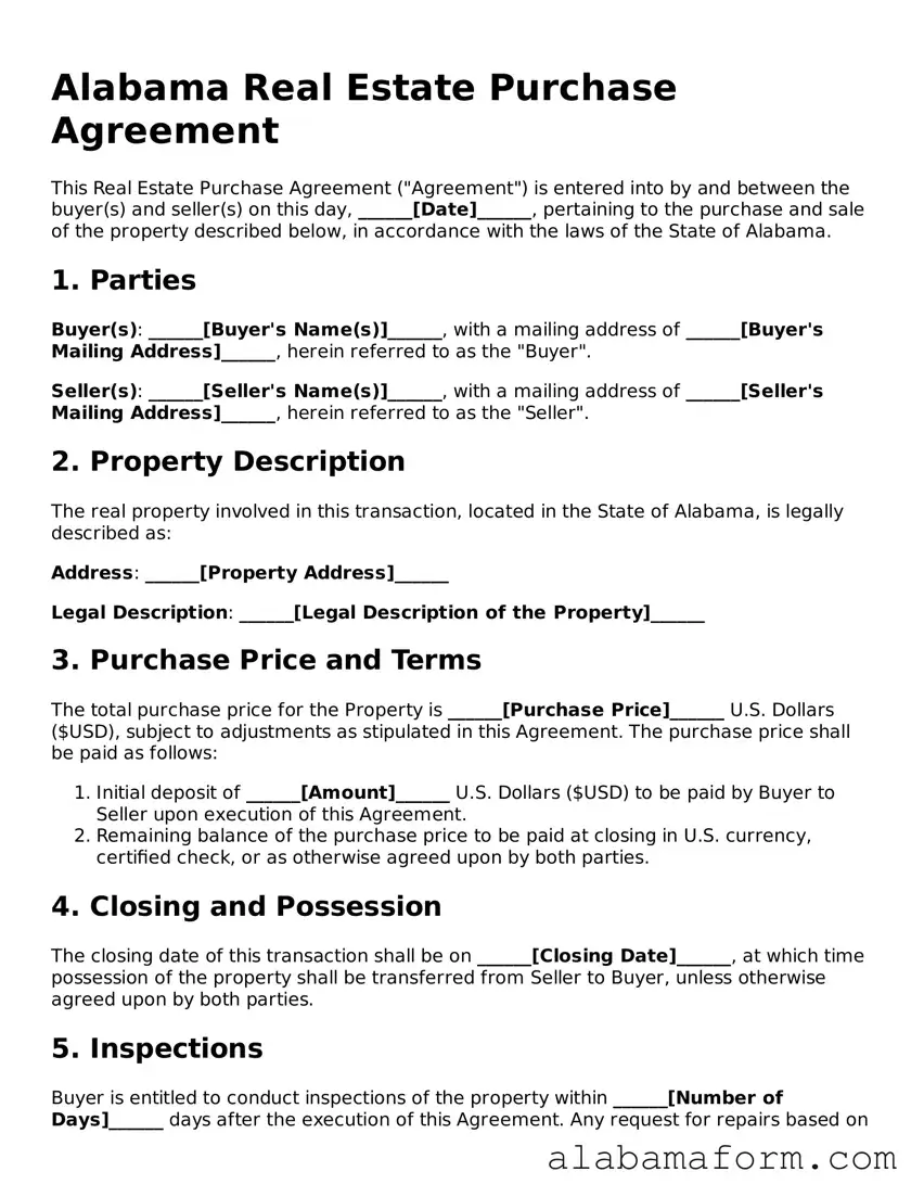 Fillable Alabama Real Estate Purchase Agreement Template