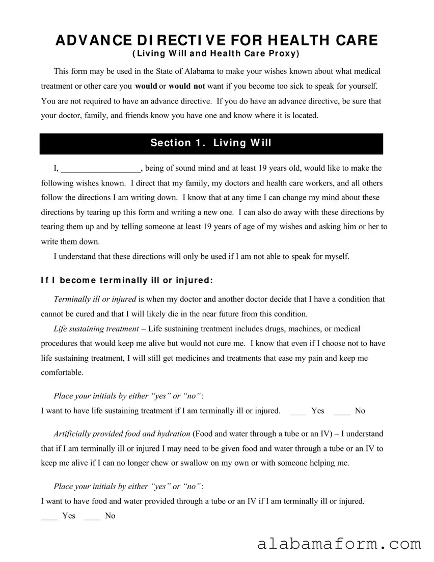 Blank Alabama Directive Health Care PDF Template