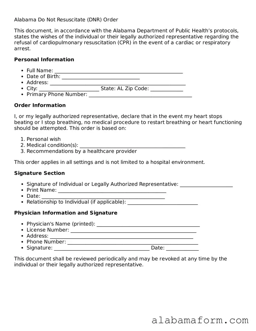 Fillable Alabama Do Not Resuscitate Order Template