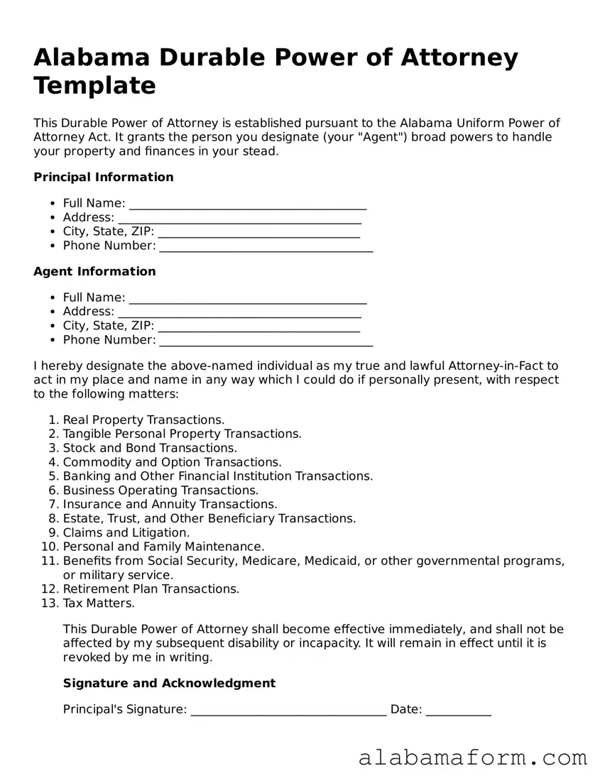 Fillable Alabama Durable Power of Attorney Template