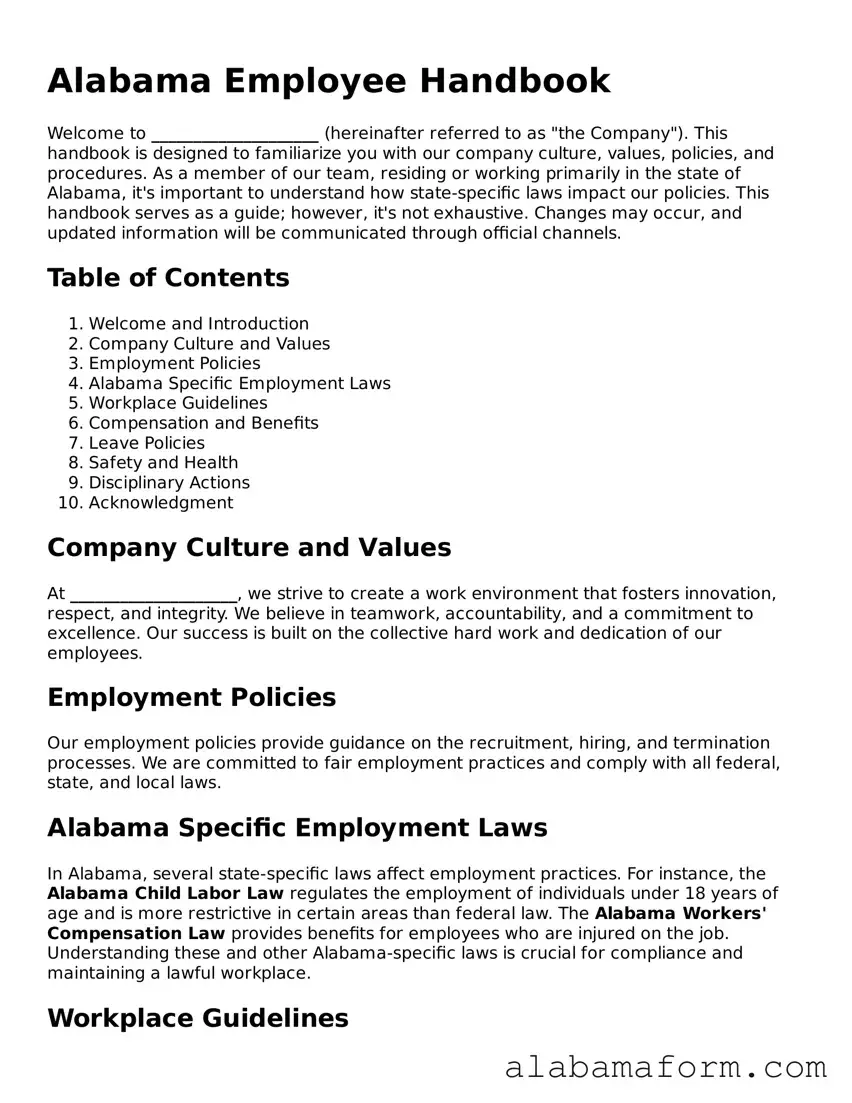 Fillable Alabama Employee Handbook Template