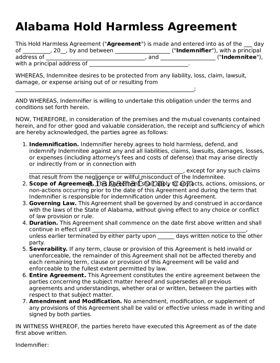 Fillable Alabama Hold Harmless Agreement Template