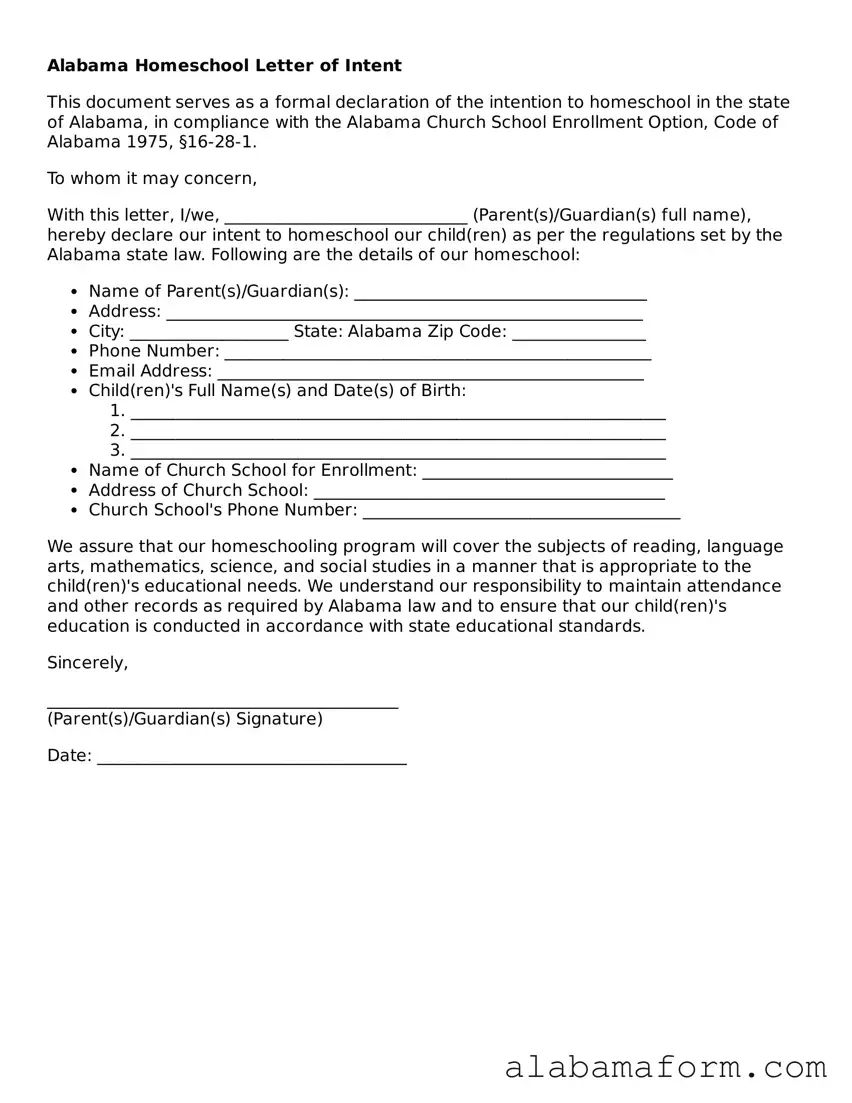 Fillable Alabama Homeschool Letter of Intent Template