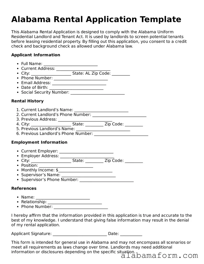 Fillable Alabama Rental Application Template