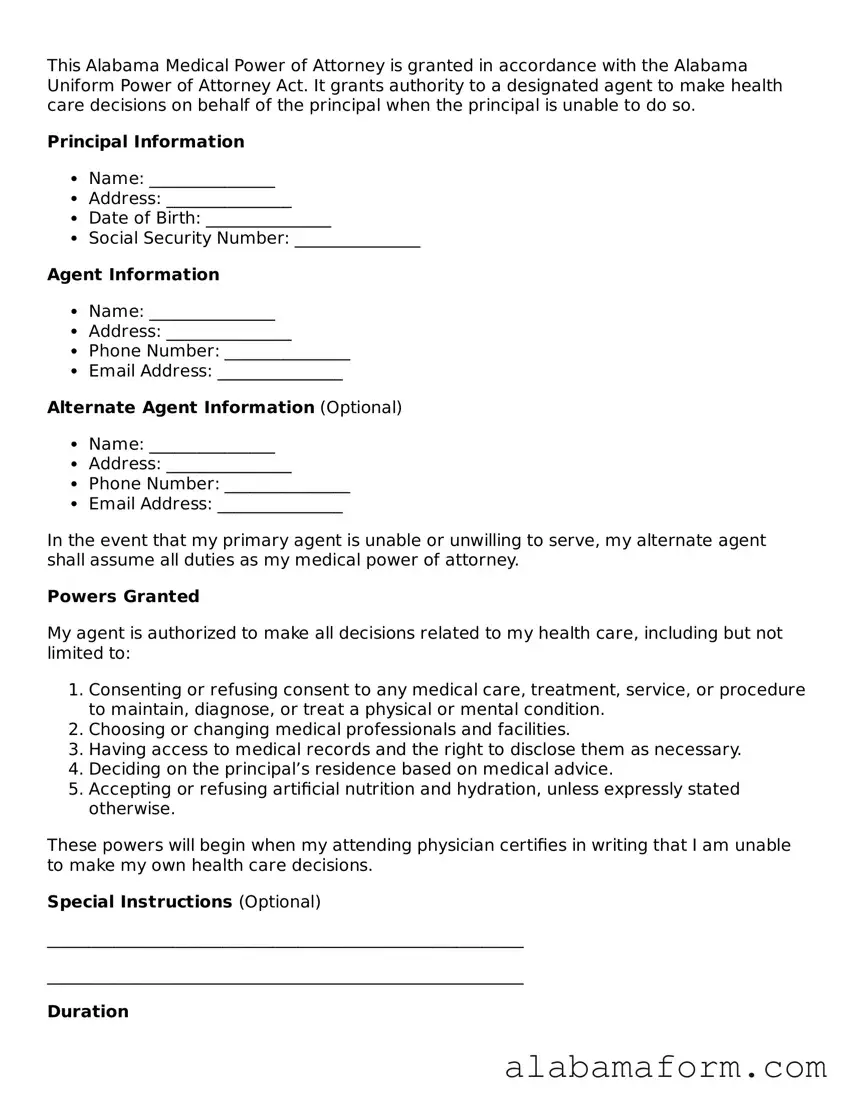 Fillable Alabama Medical Power of Attorney Template