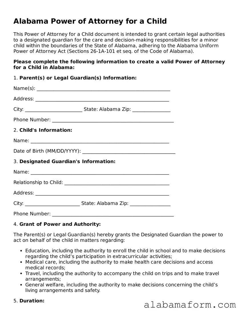 Fillable Alabama Power of Attorney for a Child Template