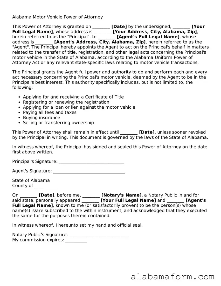 Fillable Alabama Motor Vehicle Power of Attorney Template