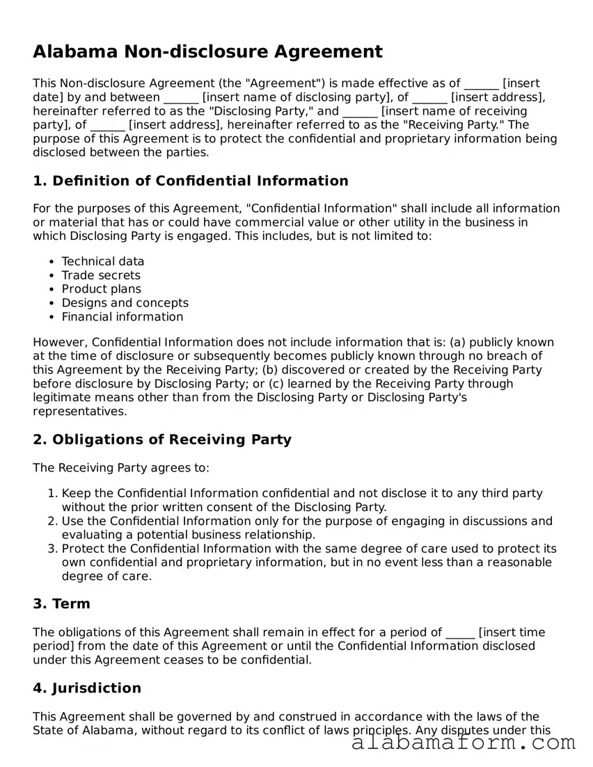Fillable Alabama Non-disclosure Agreement Template