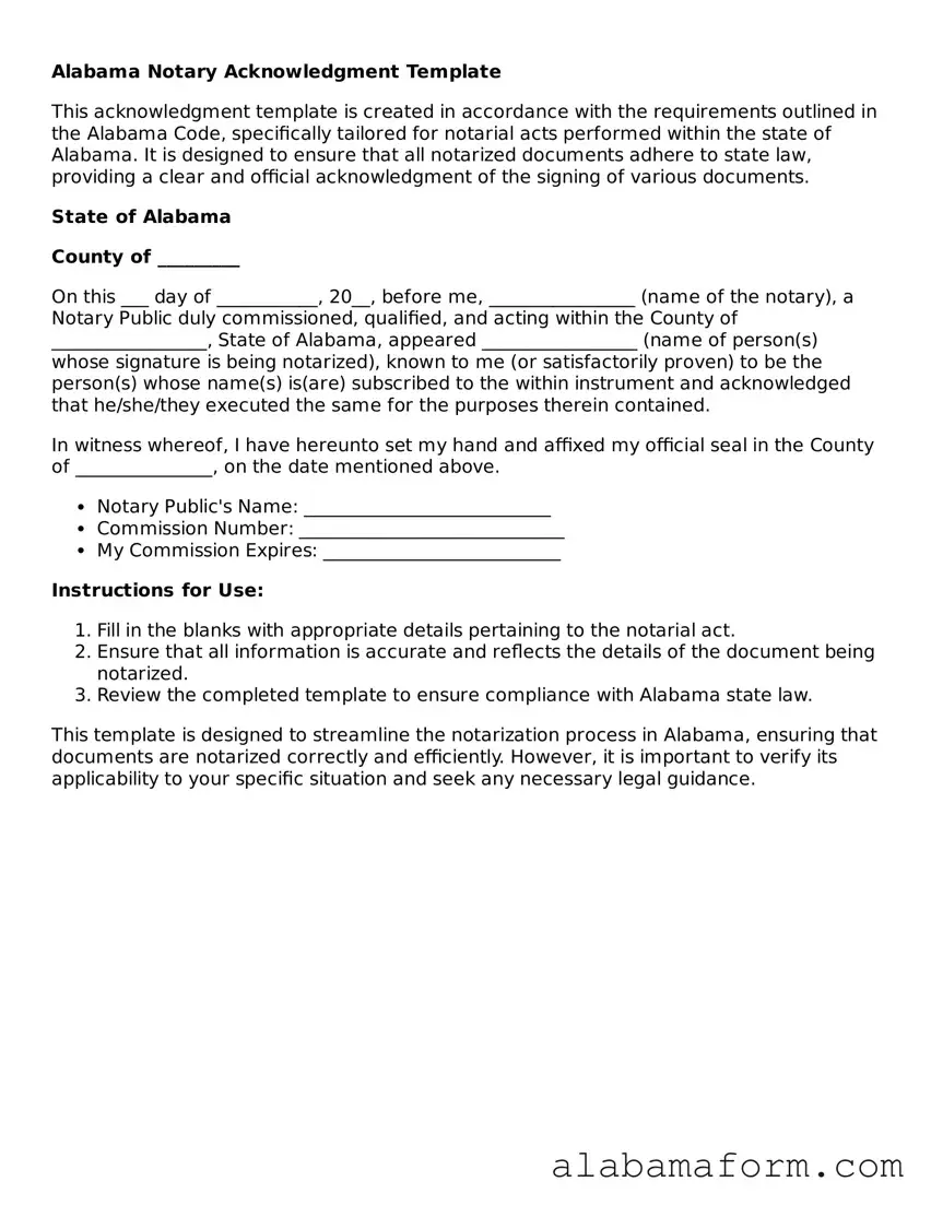 Fillable Alabama Notary Acknowledgement Template