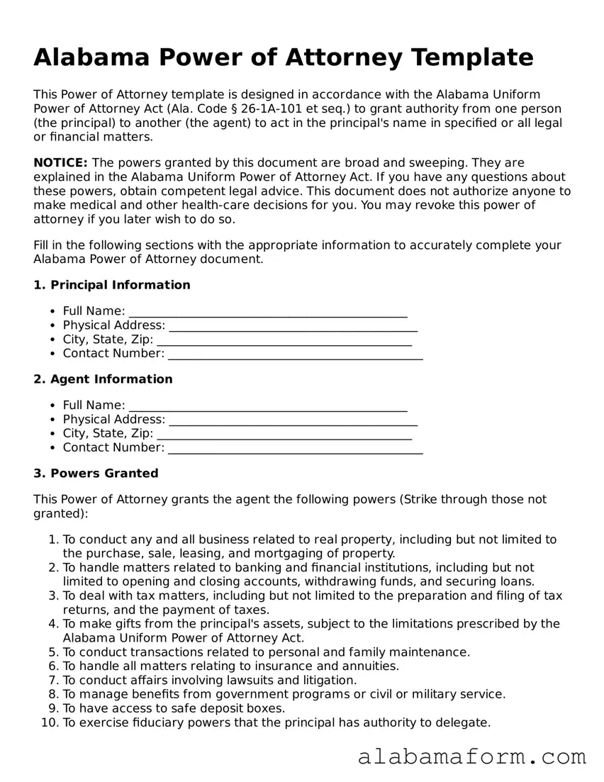 Fillable Alabama Power of Attorney Template