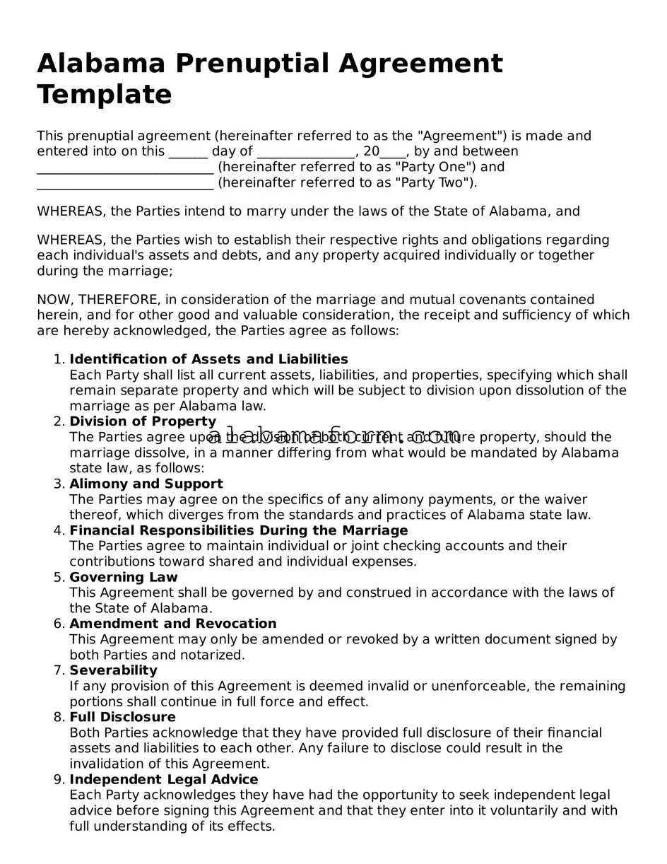 Fillable Alabama Prenuptial Agreement Template