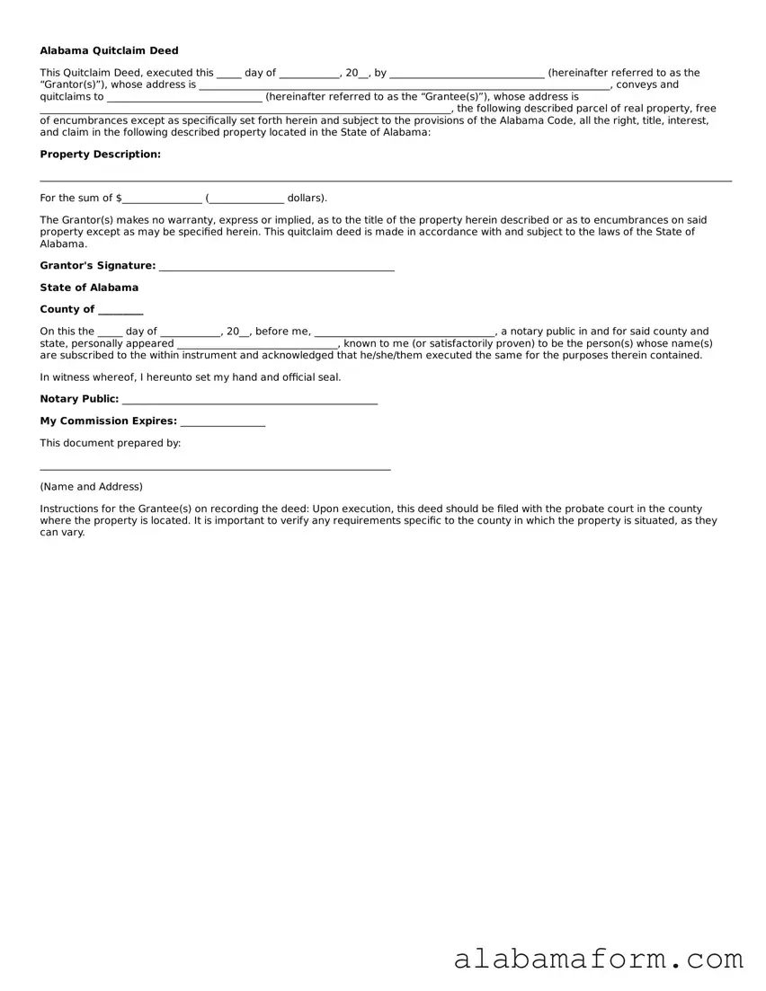 Fillable Alabama Quitclaim Deed Template