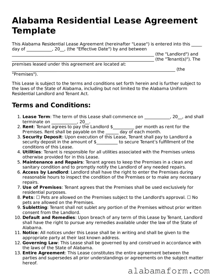 Fillable Alabama Residential Lease Agreement Template