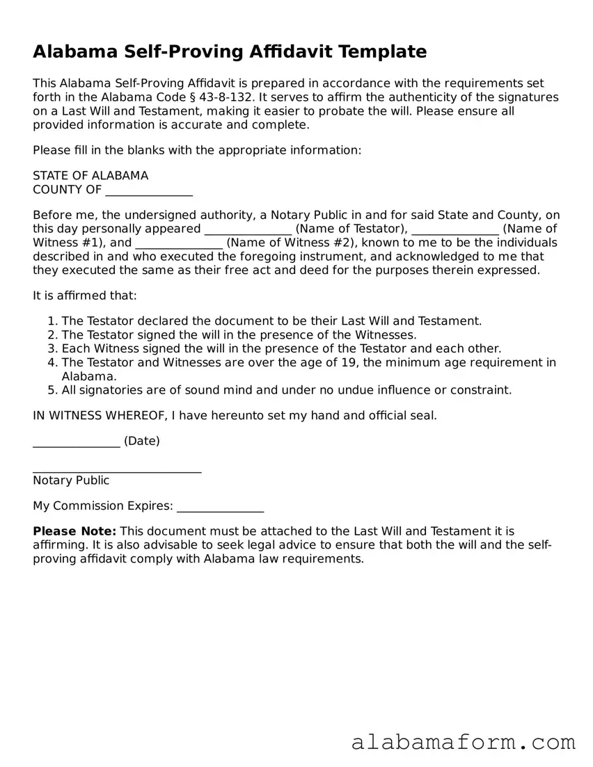 Fillable Alabama Self-Proving Affidavit Template