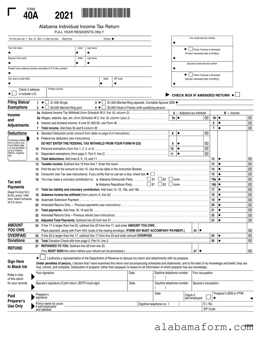 Blank Alabama State Tax Return 40A PDF Template