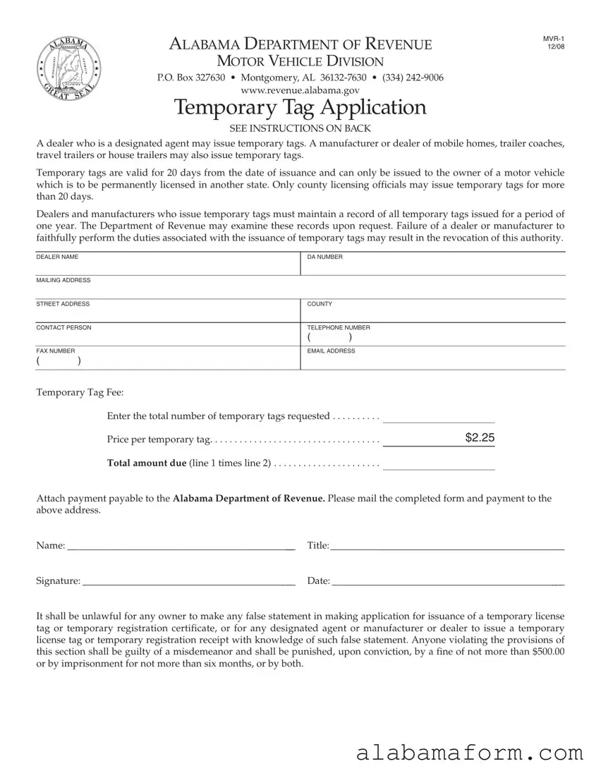 Blank Alabama Temporary Tag Application PDF Template