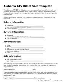 Fillable Alabama ATV Bill of Sale Template