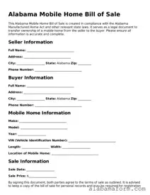 Fillable Alabama Mobile Home Bill of Sale Template
