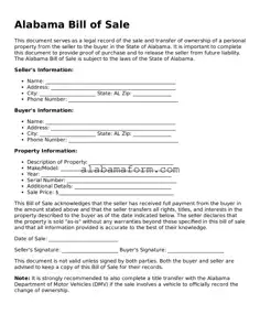 Fillable Alabama Bill of Sale Template