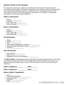 Fillable Alabama RV Bill of Sale Template
