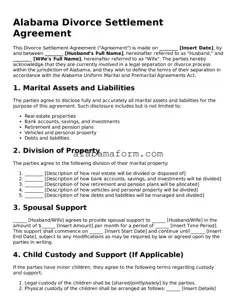 Fillable Alabama Divorce Settlement Agreement Template