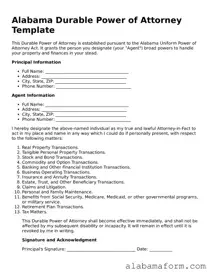 Fillable Alabama Durable Power of Attorney Template
