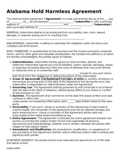 Fillable Alabama Hold Harmless Agreement Template