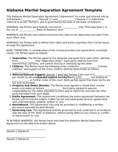 Fillable Alabama Marital Separation Agreement Template