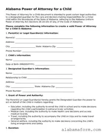 Fillable Alabama Power of Attorney for a Child Template