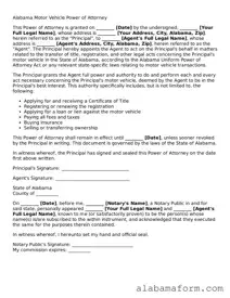 Fillable Alabama Motor Vehicle Power of Attorney Template